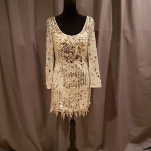 Dave & Johnny dress, white, beaded, sleeves,size 8